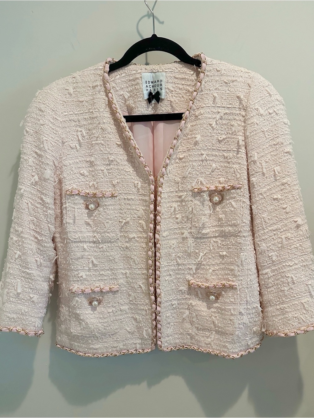 Edward Achour Paris Blush Pink Tweed Cropped Jacket, size 40 or US Medium